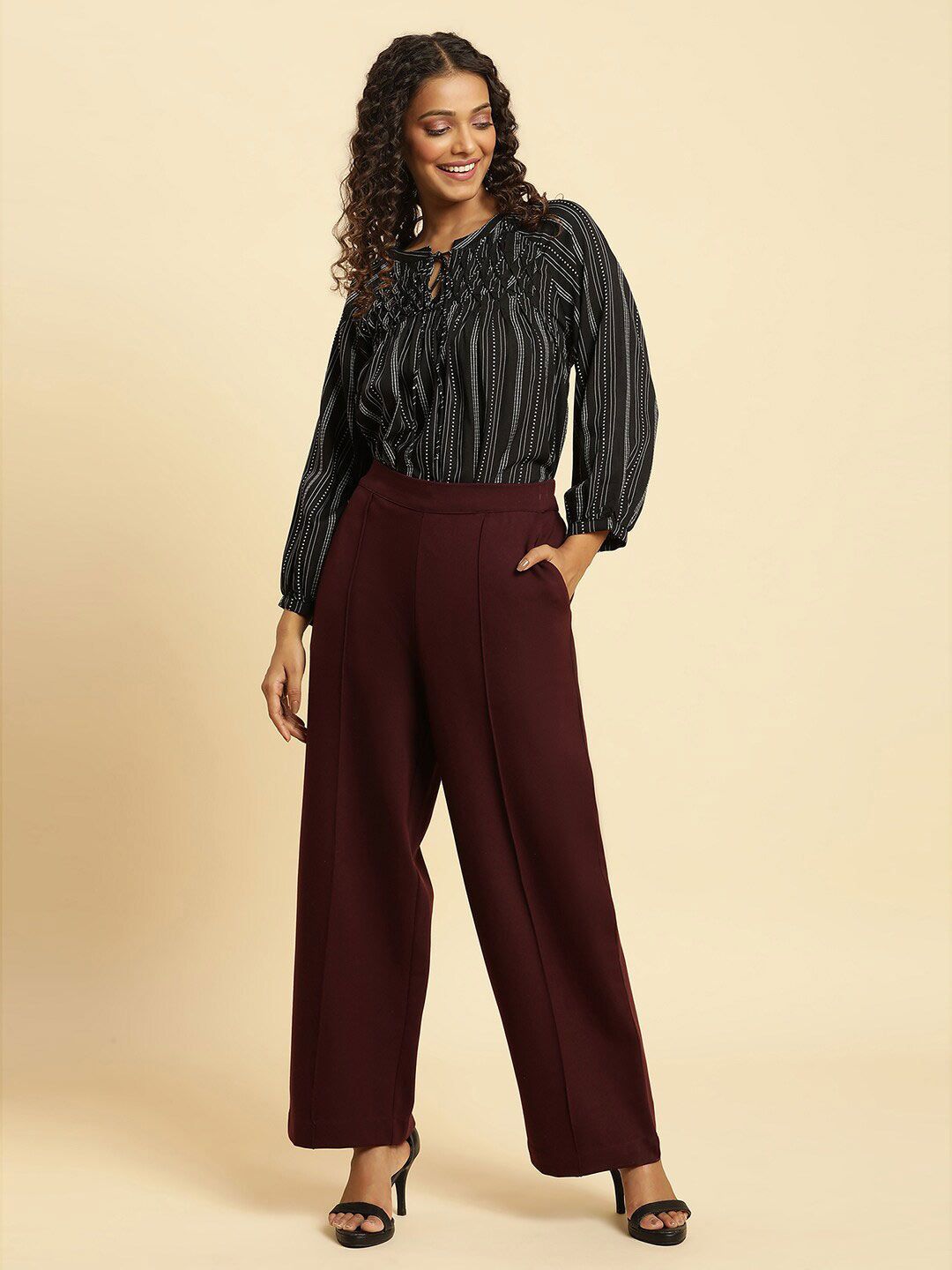 W Black Striped Tie-Up Neck Raglan Sleeves Longline Top
