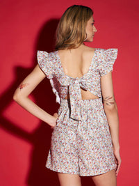 SASSAFRAS White Floral Print Playsuit With Ruffles