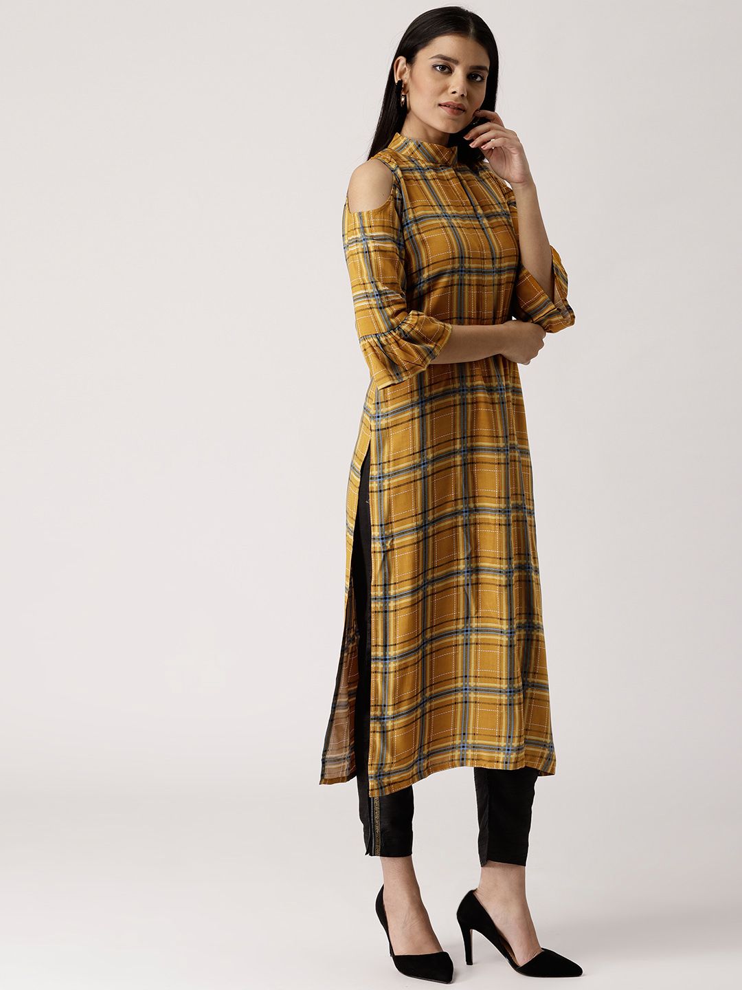 Libas Women Mustard Yellow & Blue Checked Cold-Shoulder Straight Kurta