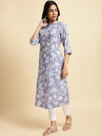 W Purple & White Floral Printed Band Collar Kurta