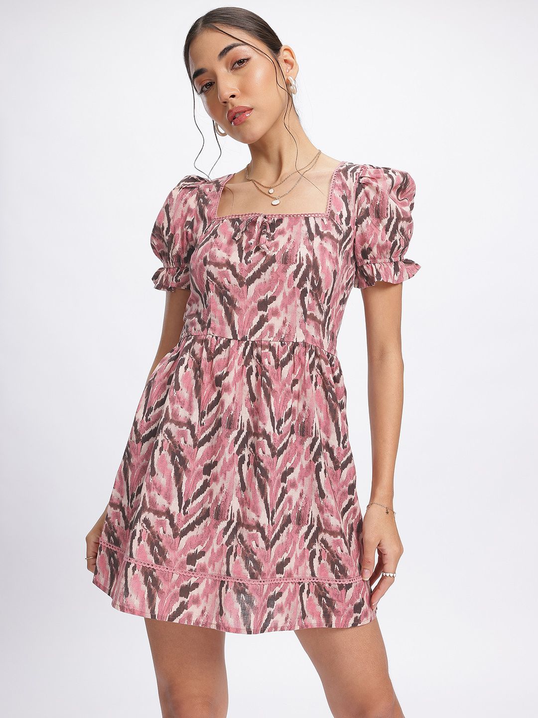 DressBerry Lacey Love Tie-Up Back Printed A-Line Mini Dress
