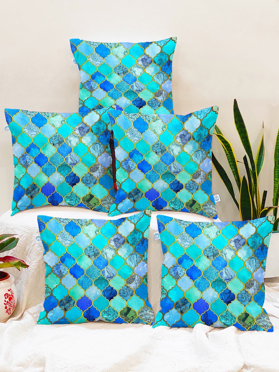 STITCHNEST Blue & Green Set of 5 Geometric Square Cushion Covers