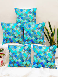 STITCHNEST Blue & Green Set of 5 Geometric Square Cushion Covers