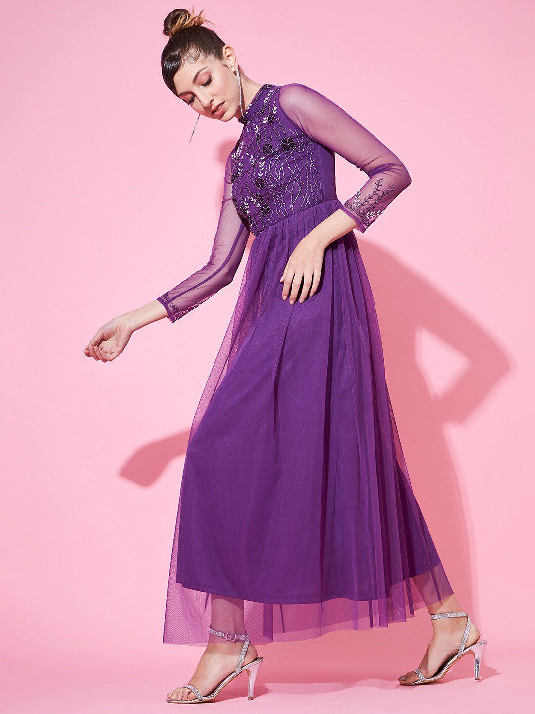 STREET 9 Purple Embellished Net Maxi Maxi Dress