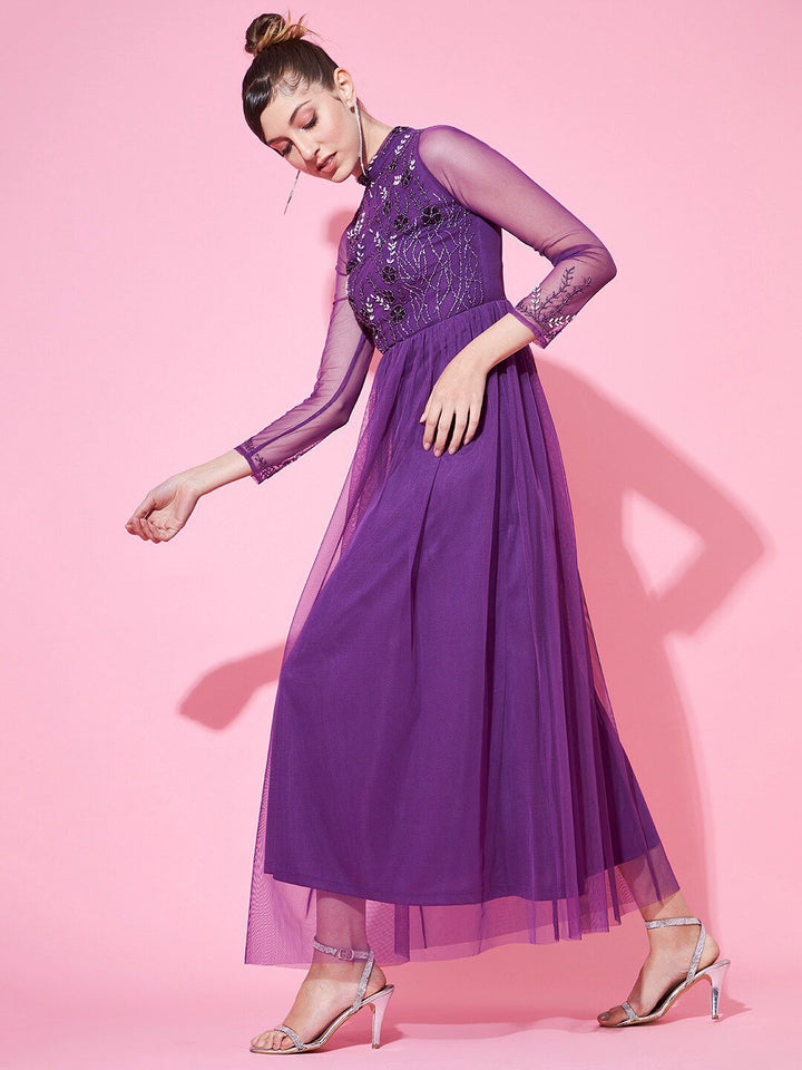 STREET 9 Purple Embellished Net Maxi Maxi Dress