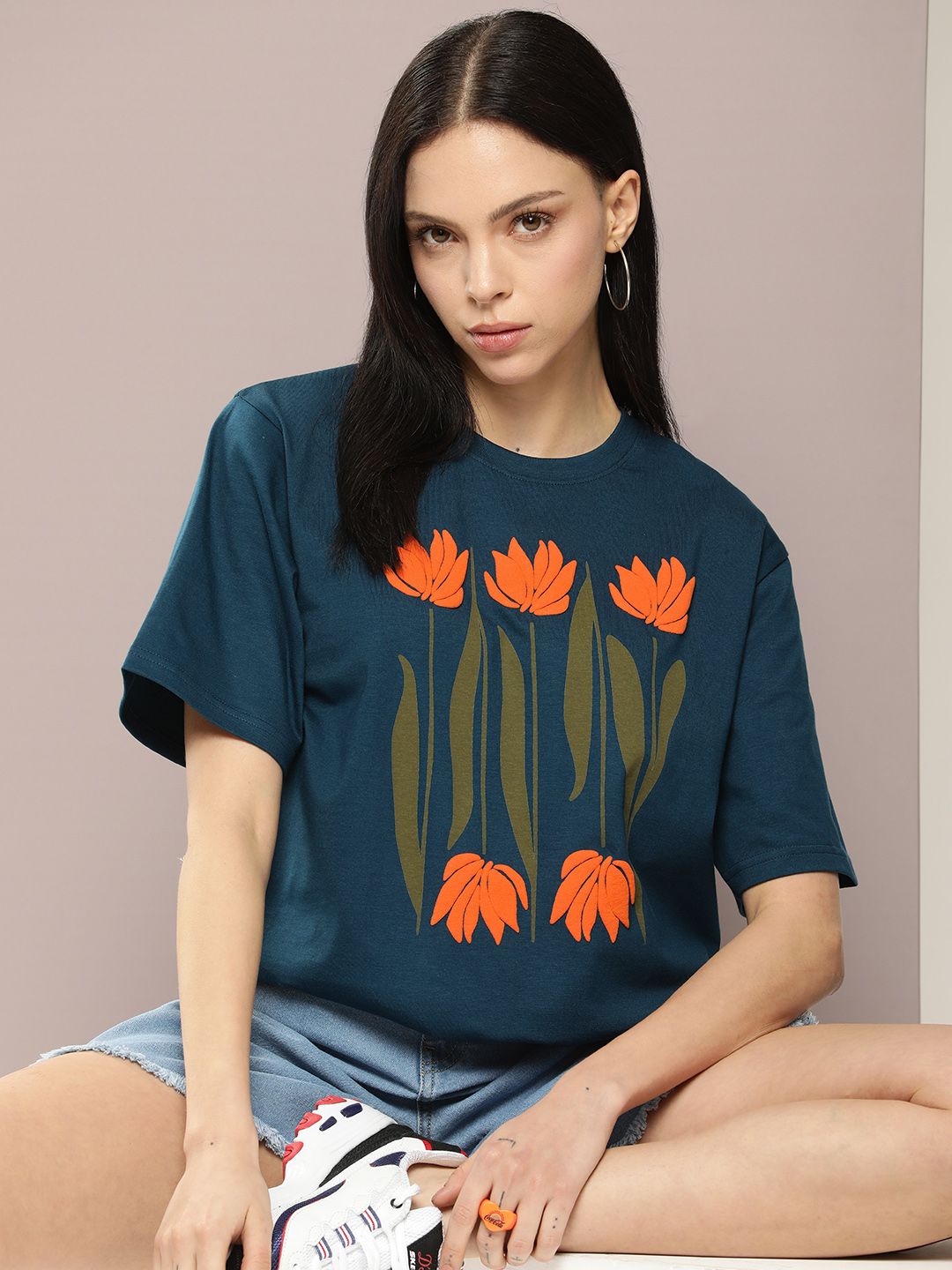 DILLINGER Women Graphic Printed Embossed Oversized T-shirt