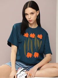 DILLINGER Women Graphic Printed Embossed Oversized T-shirt
