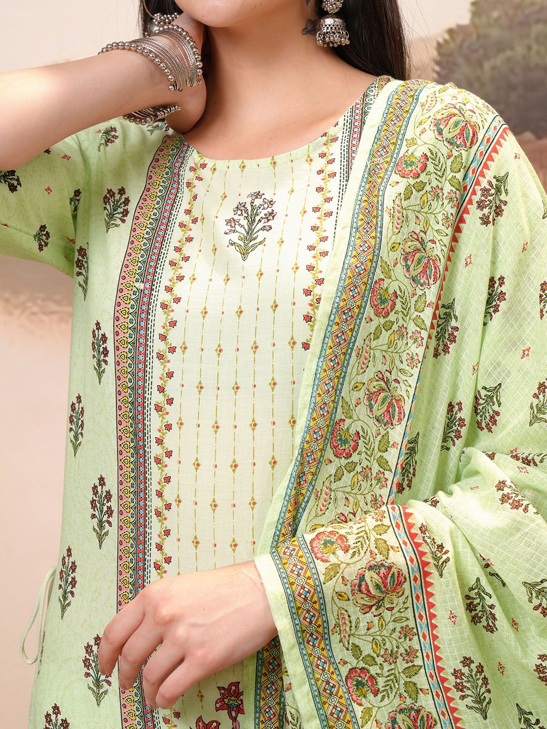 Vishudh Lime Green Floral Printed Pure Cotton Straight Kurta With Trousers & Dupatta