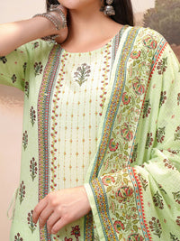 Vishudh Lime Green Floral Printed Pure Cotton Straight Kurta With Trousers & Dupatta