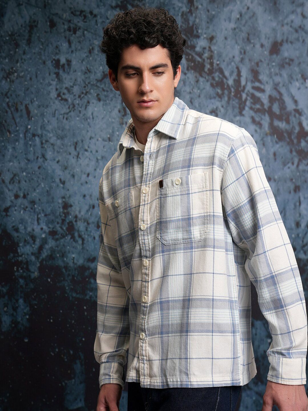 Locomotive Men White Dobby Textured Checked Utility Pocket Overshirt