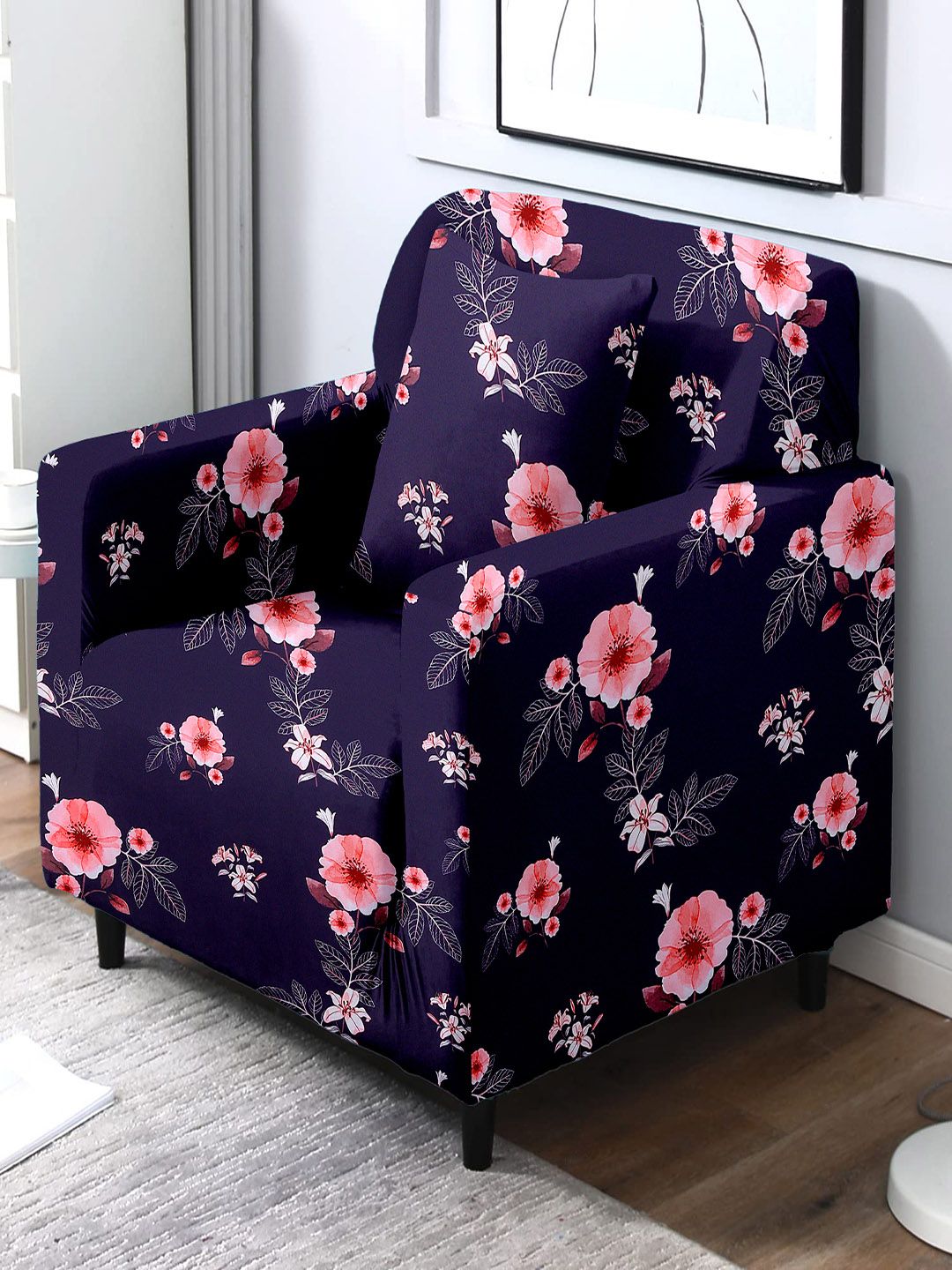 Cortina Navy Blue Floral Printed Single-Seater Sofa Cover