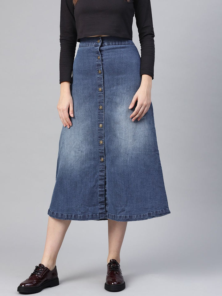 SASSAFRAS Blue Washed Midi Denim Pure Cotton A-Line Skirt