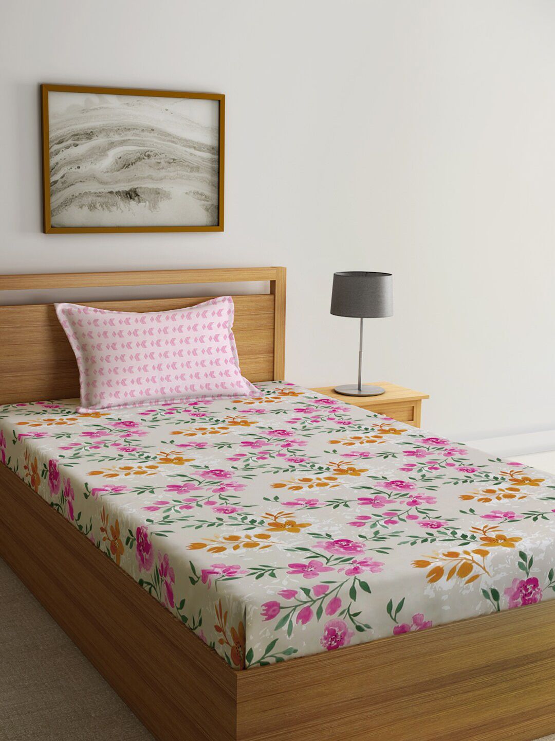KLOTTHE Brown Floral Polycotton 300 TC Fitted Single Fine Bedsheet with a Pillow Cover-220 x 150 cm