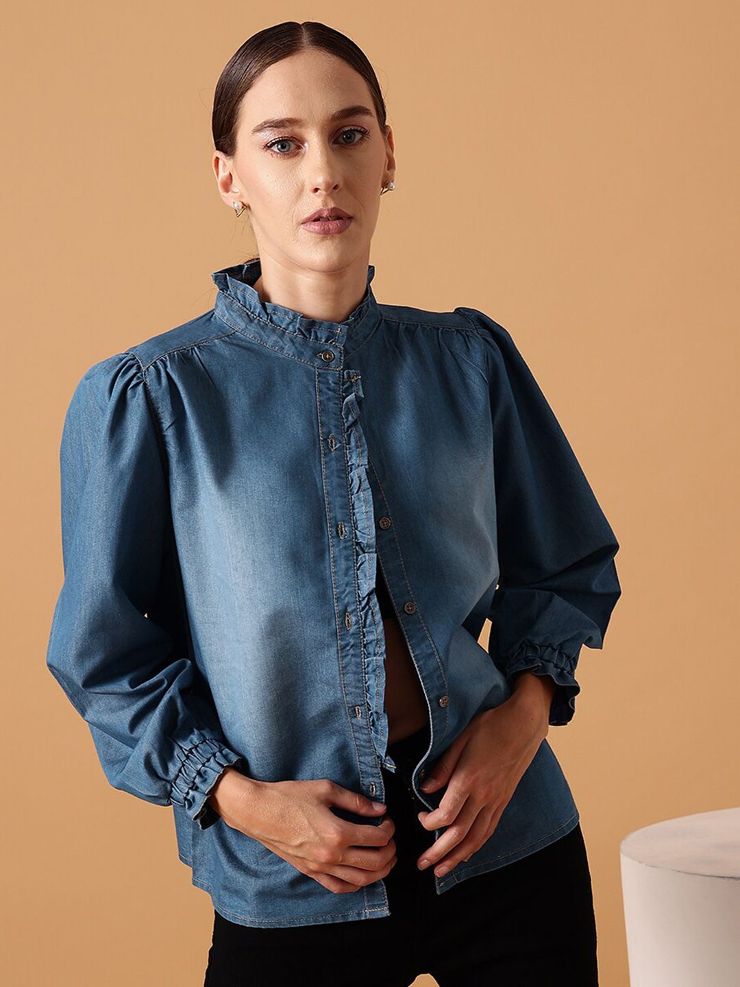 STREET 9 Comfort Mandarin Collar Puff Sleeves Pure Cotton Denim Casual Shirt