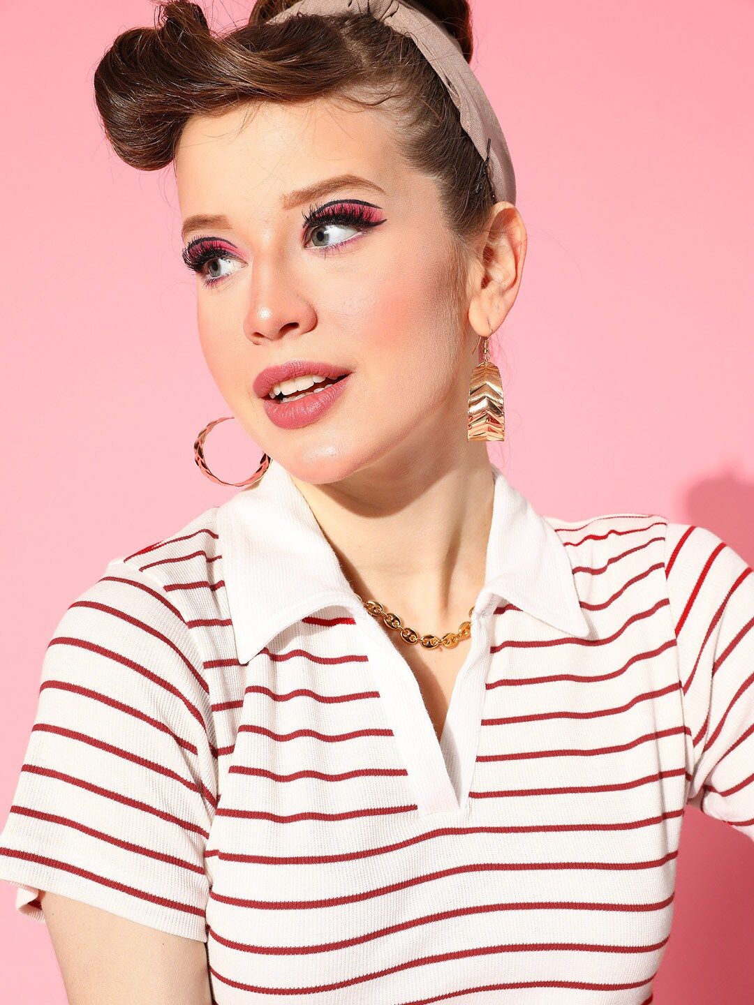 SASSAFRAS Women Gorgeous Red Striped New Neckline Tshirt