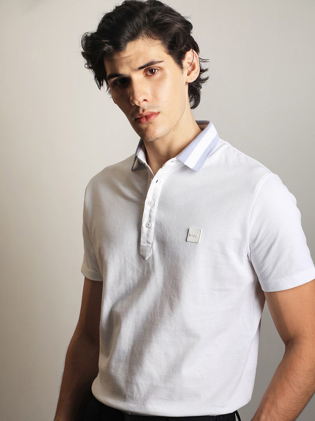 RARE RABBIT Men Divide Polo Collar Slim Fit Cotton T-Shirt