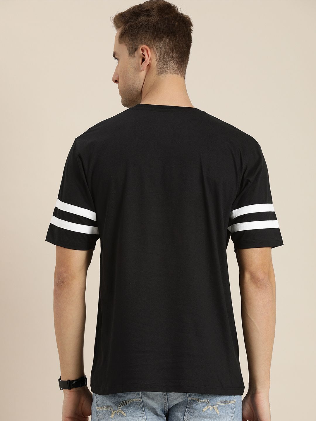 DILLINGER Men Black Solid Pure Cotton Loose T-shirt with Striped Sleeves