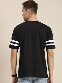 DILLINGER Men Black Solid Pure Cotton Loose T-shirt with Striped Sleeves