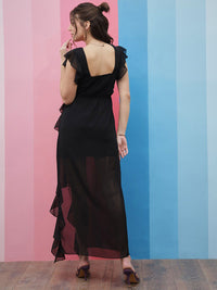 Athena Black Square Neck Flutter Sleeves Ruffled Detailed Maxi Dress