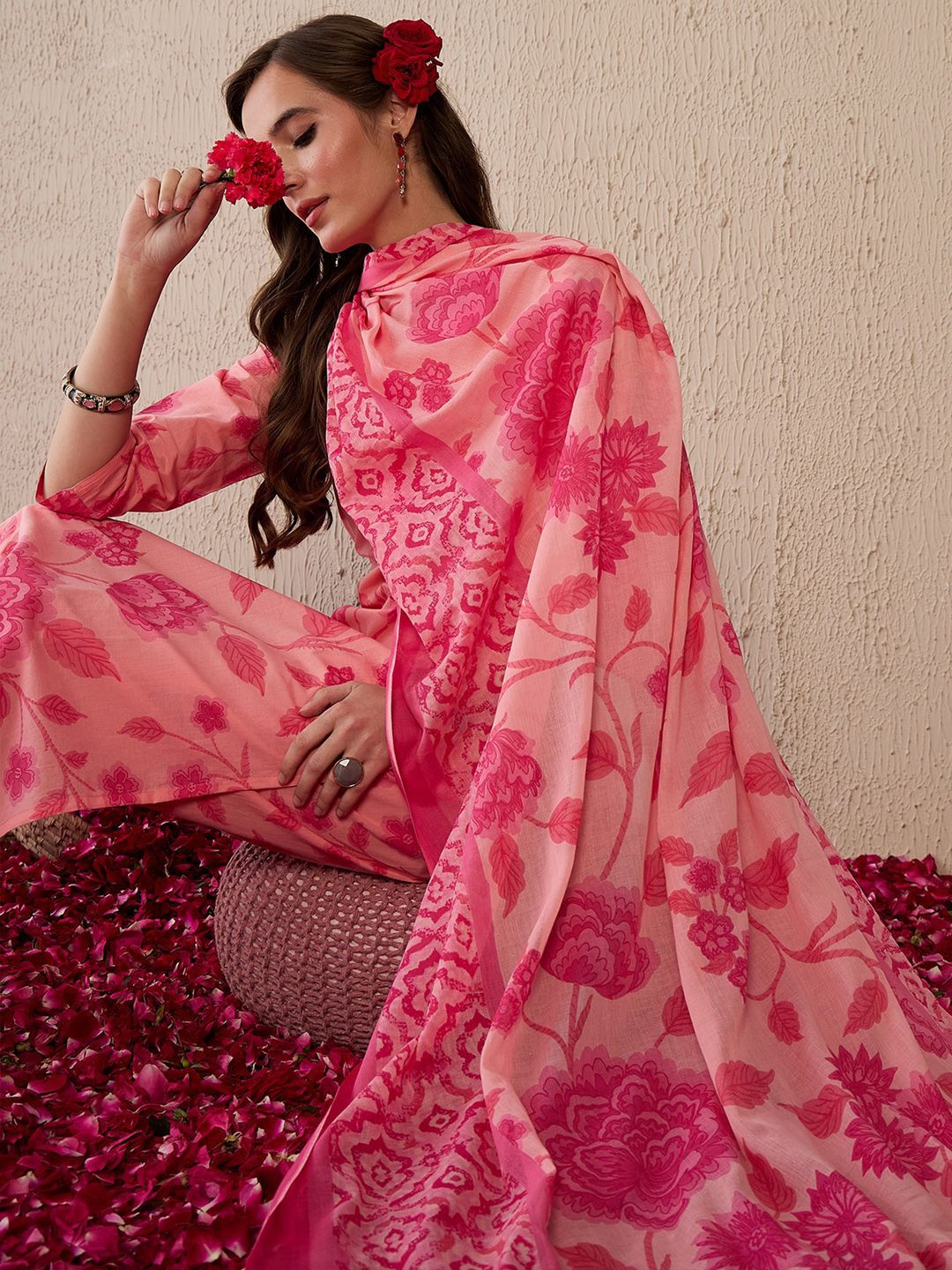 Indo Era Women Floral Printed Regular Pure Cotton Kurta with Trousers & With Dupatta