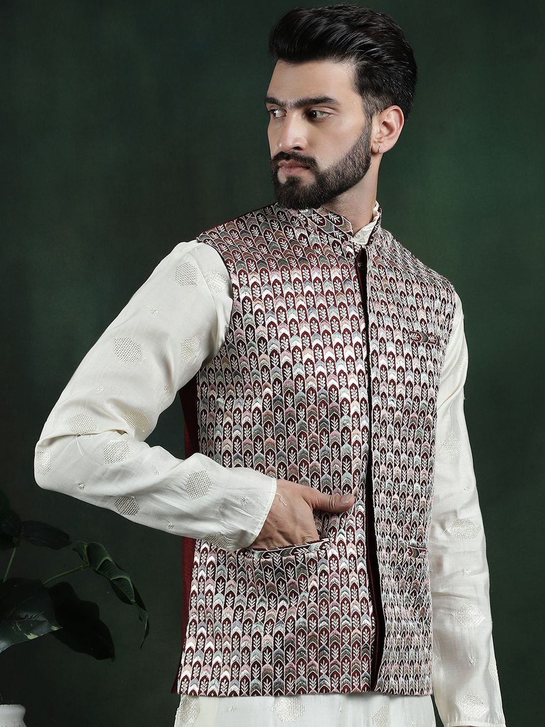 SOJANYA Jaket Nehru Tenunan Geometri Lelaki