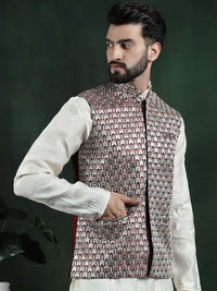 SOJANYA Jaket Nehru Tenunan Geometri Lelaki