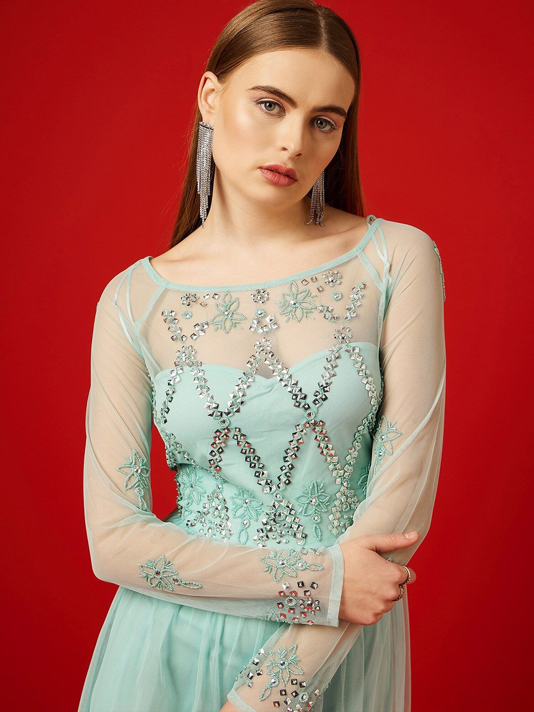 STREET 9 Turquoise Blue Embellished Net Maxi Dress