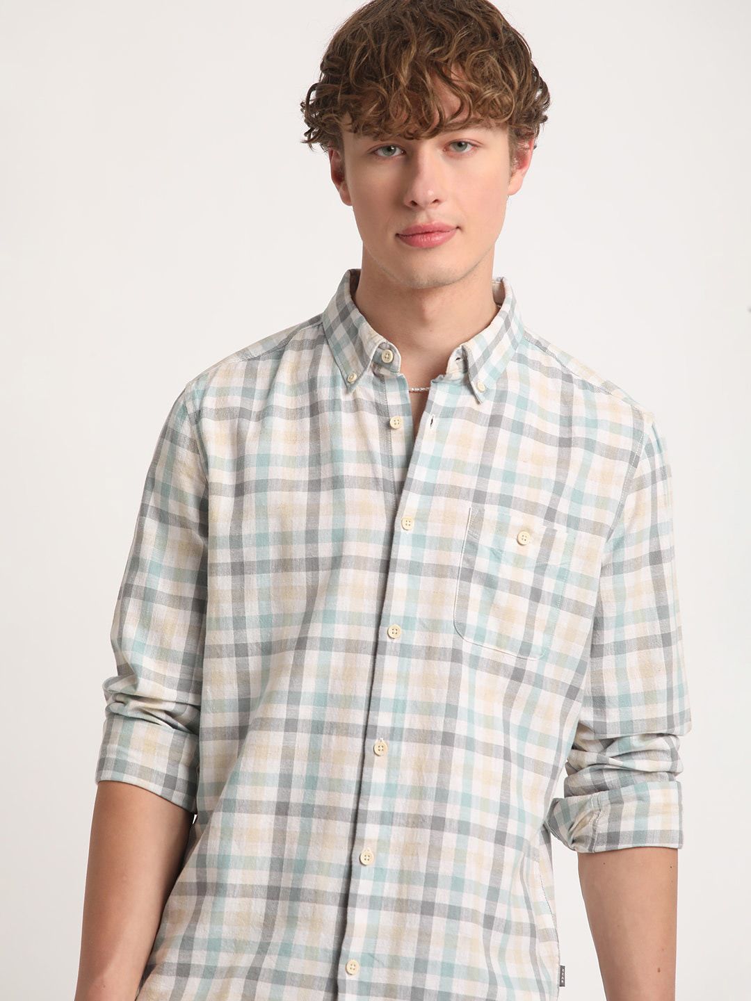 THE BEAR HOUSE Tartan Checks Slim Fit Cotton Linen Casual Shirt
