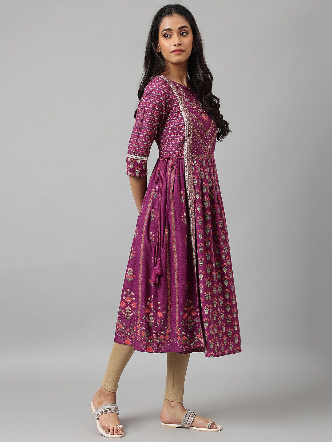 W Purple & Pink Floral Keyhole Neck Ethnic A-Line Midi Dress