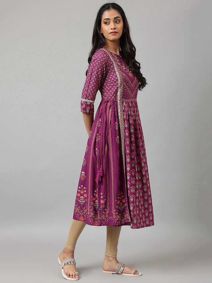 W Purple & Pink Floral Keyhole Neck Ethnic A-Line Midi Dress
