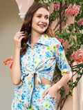 Athena Blue Floral Printed Front Knot Detail Crepe Shirt Style Crop Top