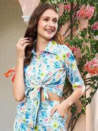 Athena Blue Floral Printed Front Knot Detail Crepe Shirt Style Crop Top