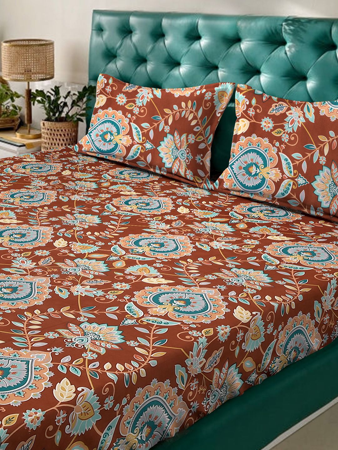 Aura Rust & Blue Printed 300 TC Set Cadar King 2.5 m x 2.25 m