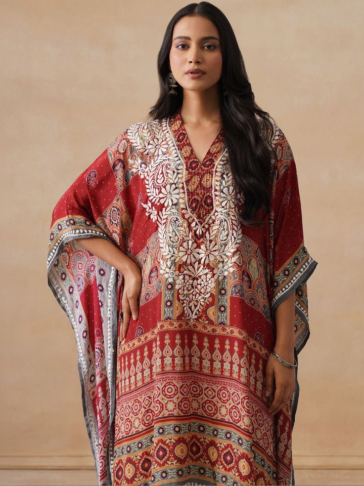 House of Chikankari Women Rust Printed Crepe Kaftan Kurta