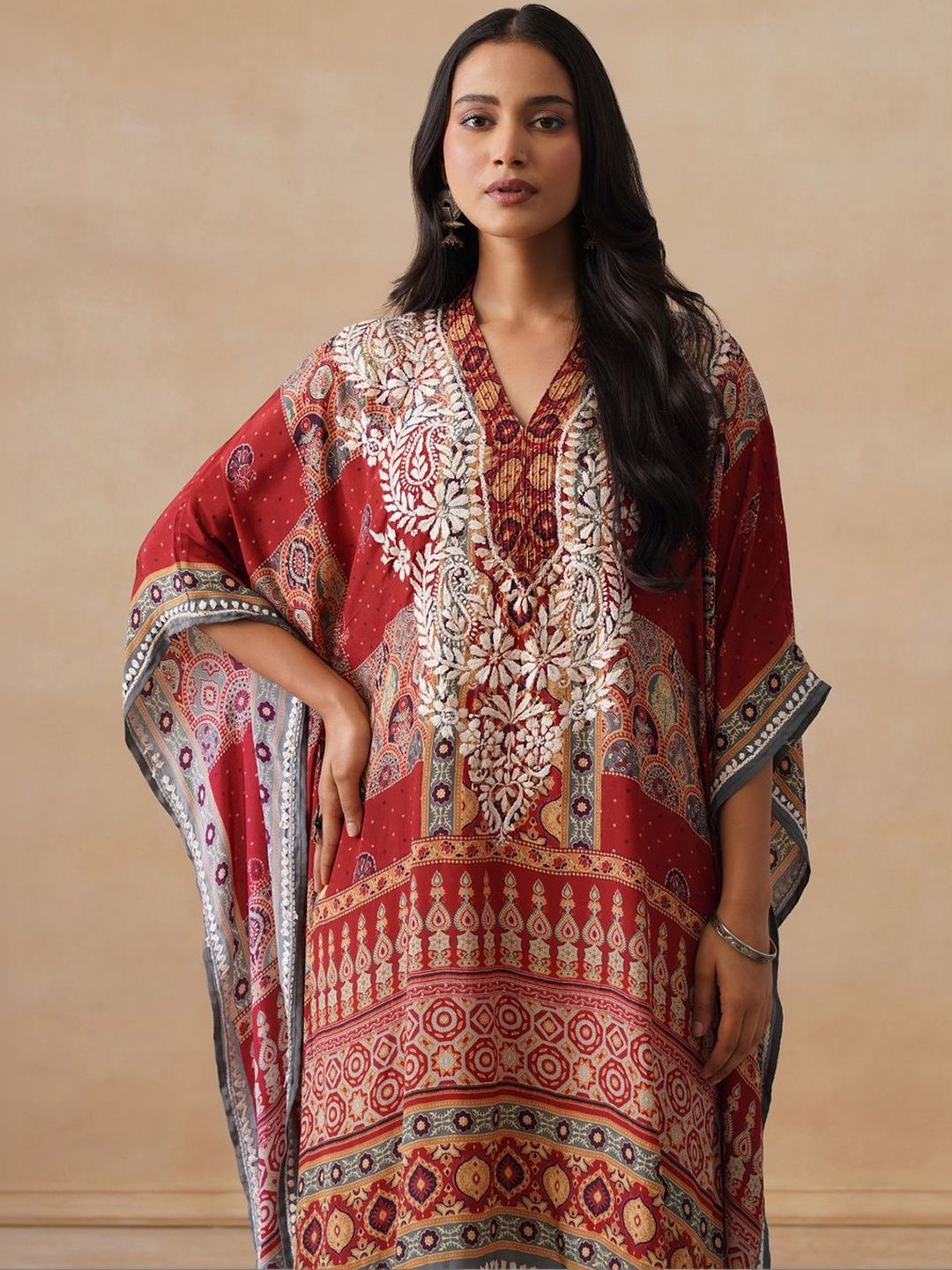 House of Chikankari Women Rust Printed Crepe Kaftan Kurta