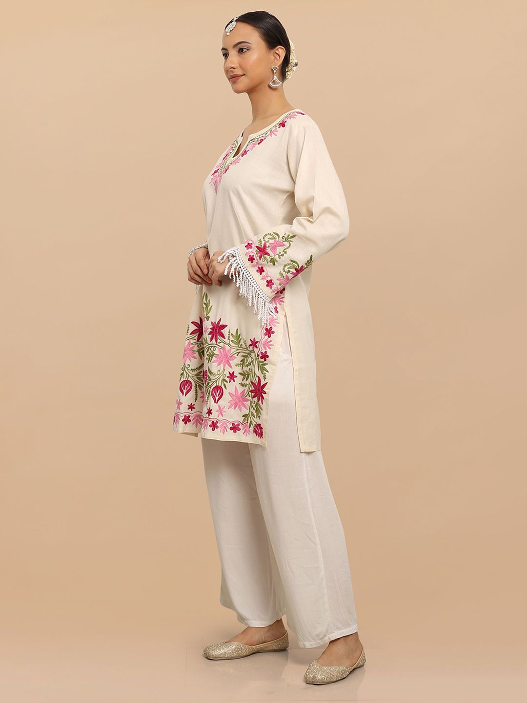 HOUSE OF KARI Falak Kashmiri Embroidered Flared Sleeves Thread Work Cotton Straight Kurta