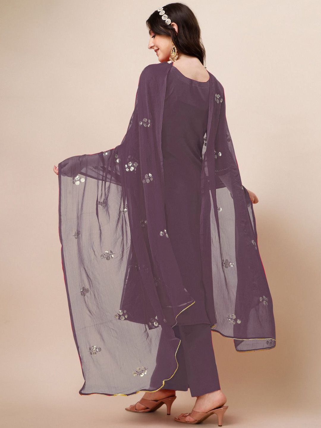 KALINI Ethnic Motifs Embroidered Sequinned Kurta with Palazzos & Dupatta