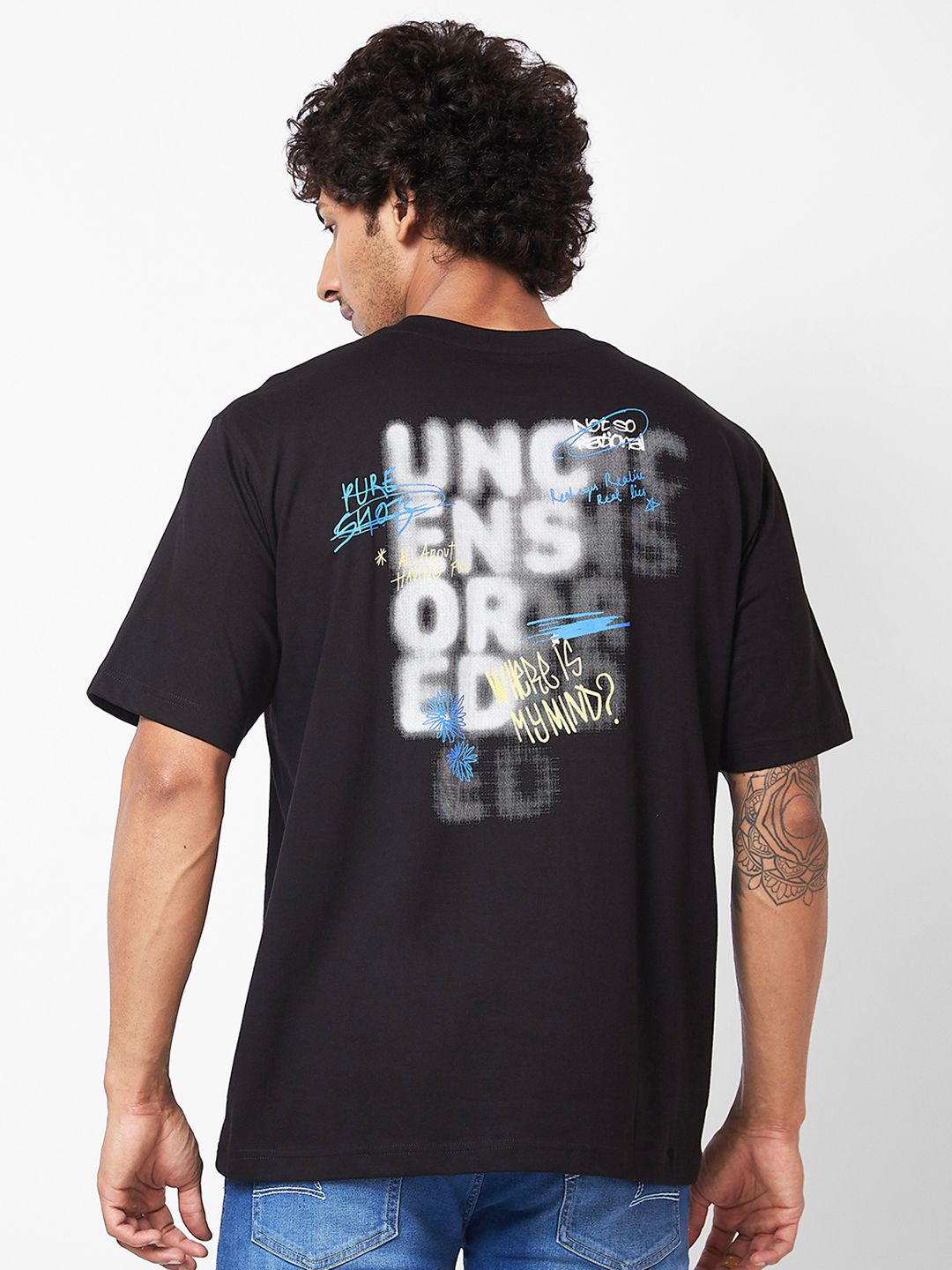 SPYKAR Typography Printed Relaxed Fit Drop-Shoulder Sleeves Casual T-shirt