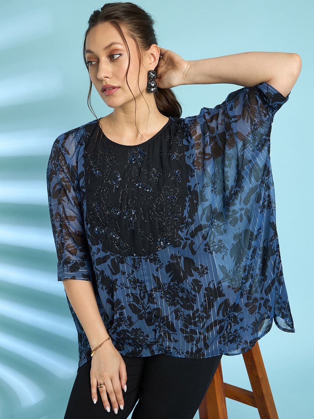 Antheaa Navy Blue Floral Printed Top With Trouser