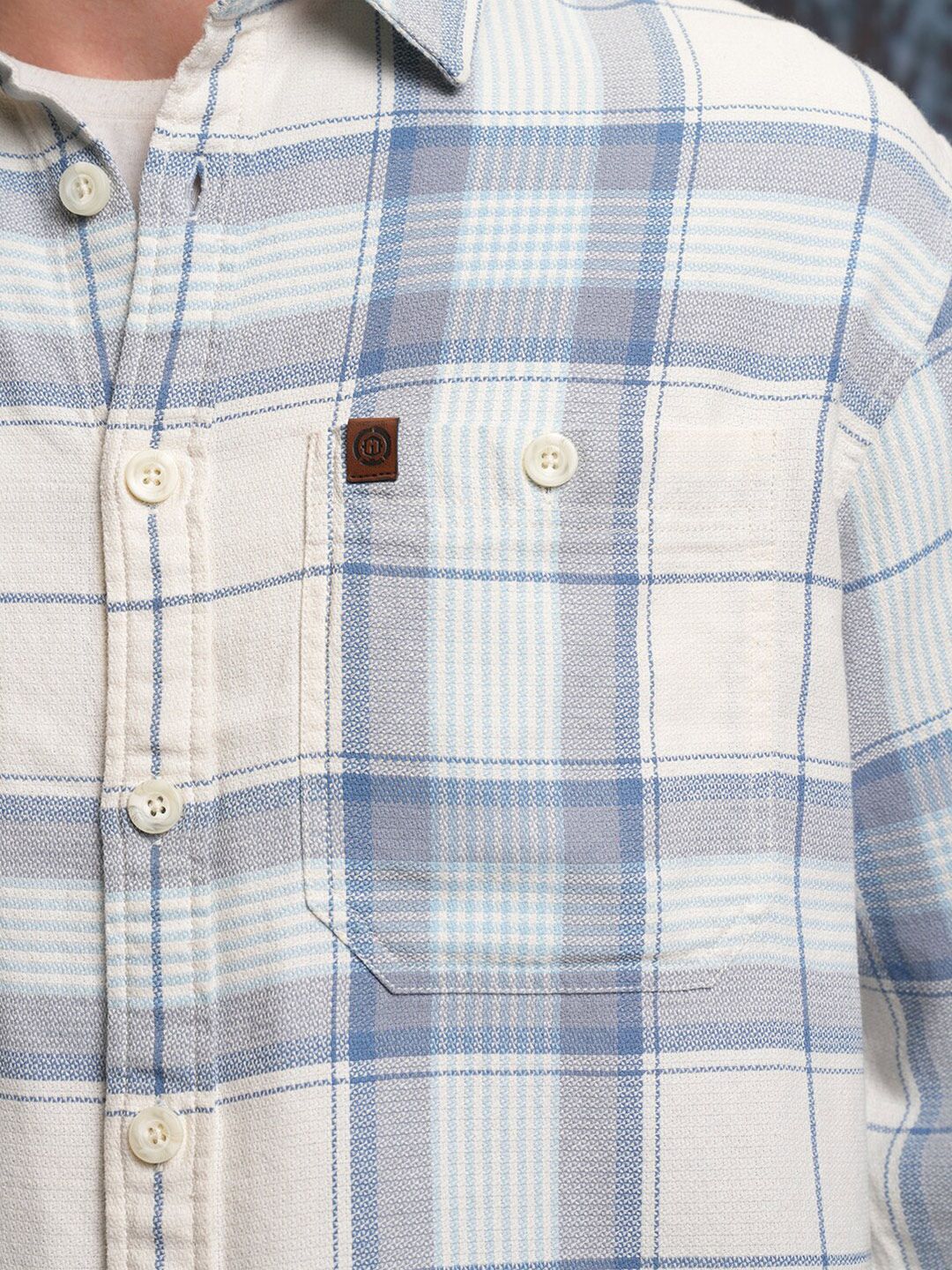 Locomotive Men White Dobby Textured Checked Utility Pocket Overshirt