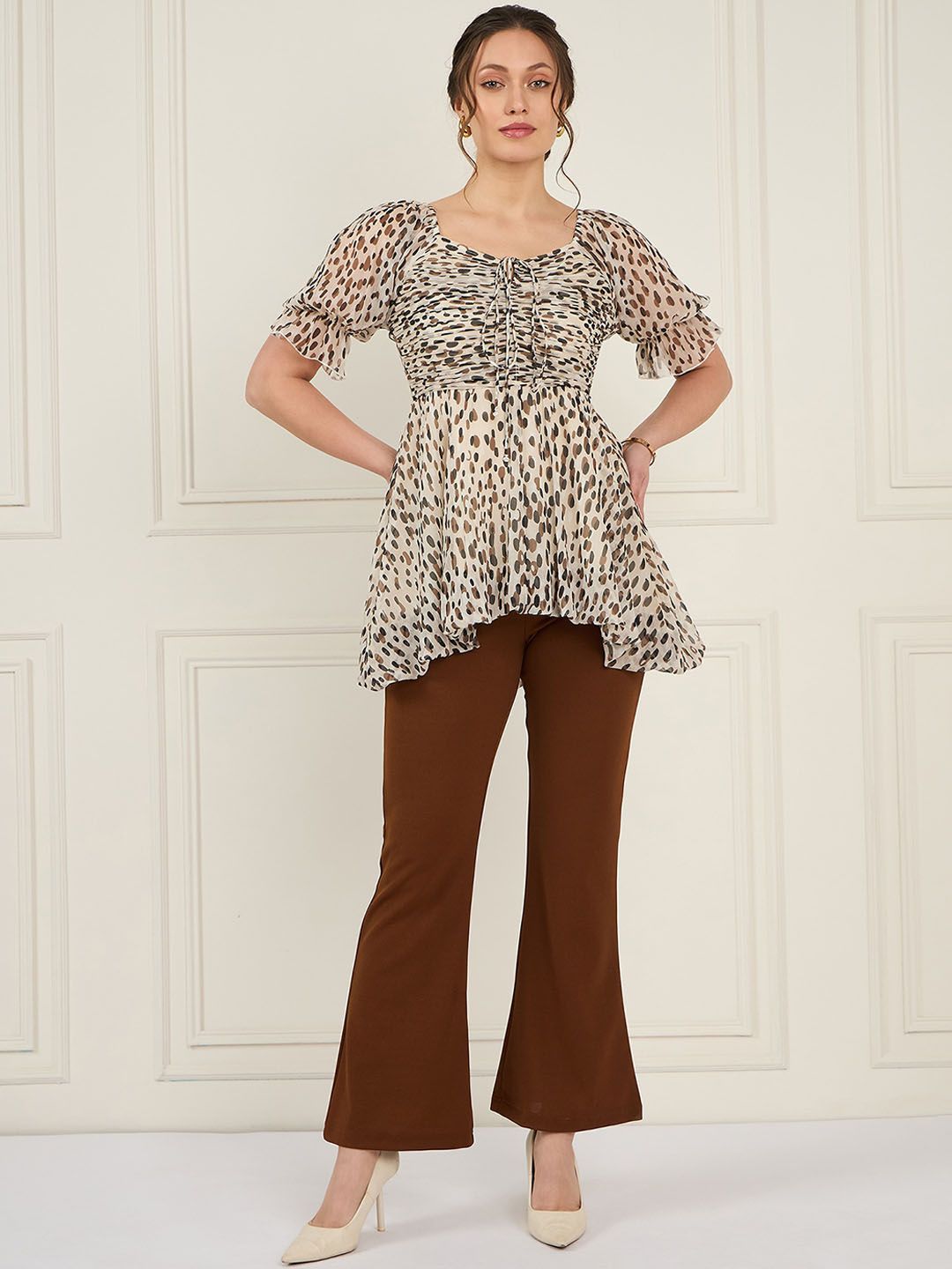 Antheaa Off White Polka Dots Printed Puff Sleeves Tie Up Top &Trouser