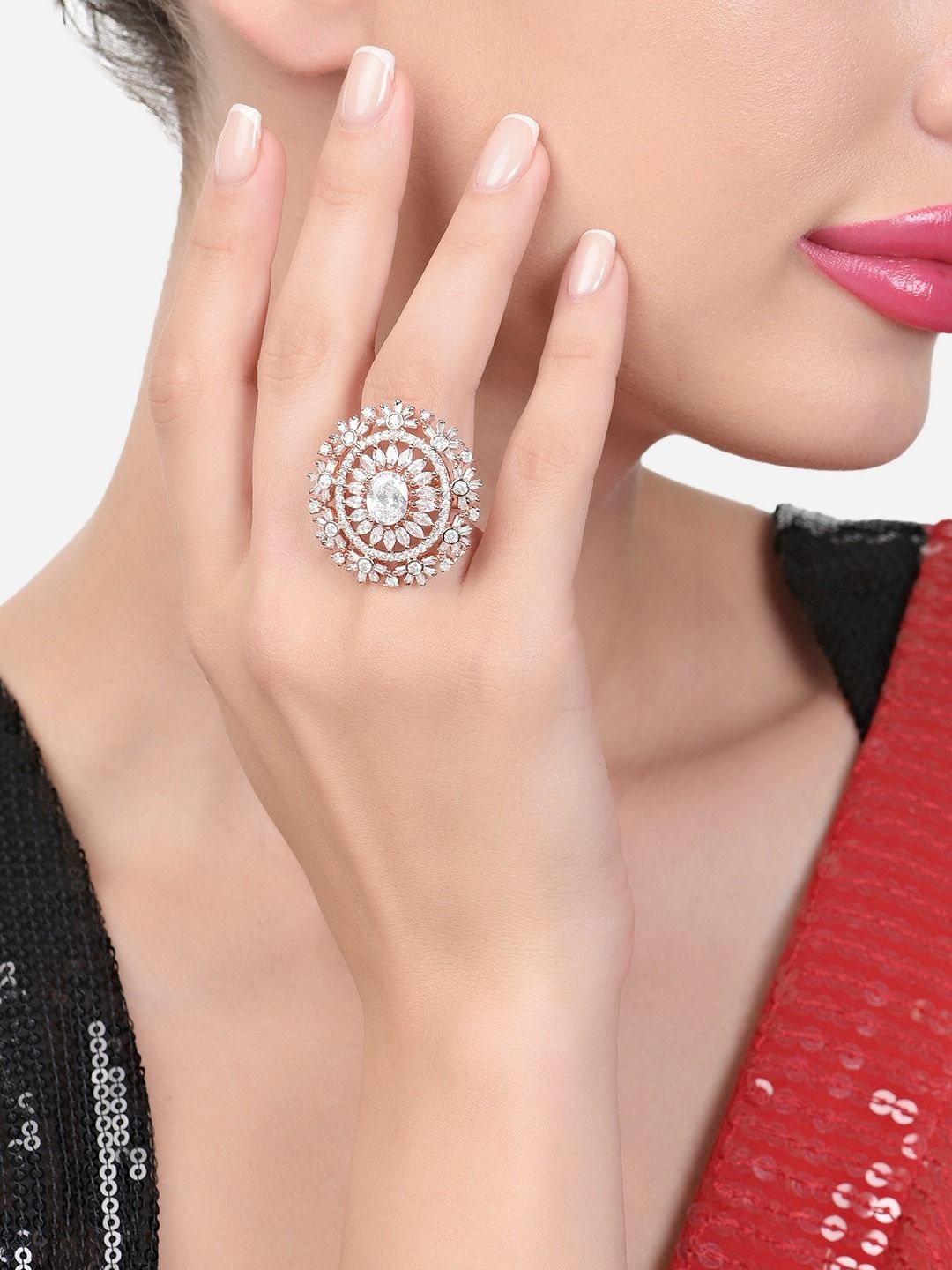 Cincin Jari Boleh Laras Zaveri Pearls Rose Saduran Emas CZ