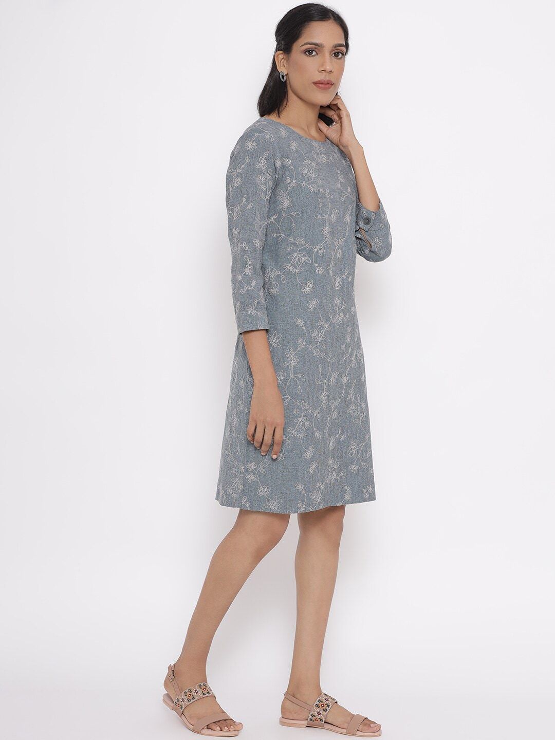 W Women Grey Floral Organic Cotton Floral A-Line Dress