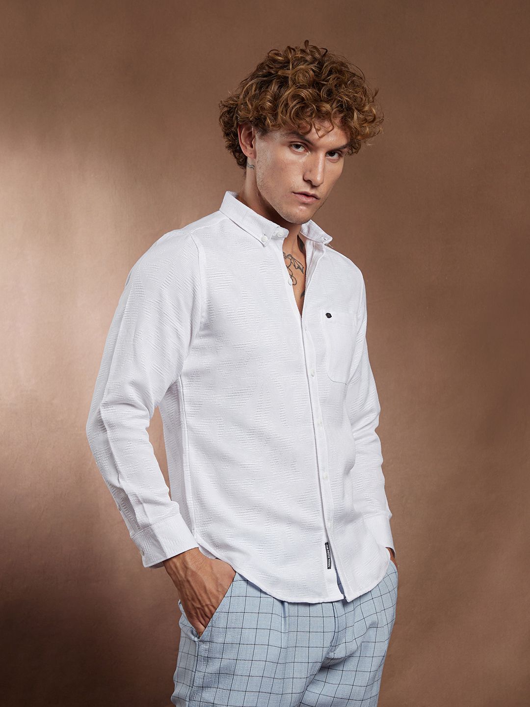 Campus Sutra Open-Weave Self Design Comfort Regular Fit Casual Shirt