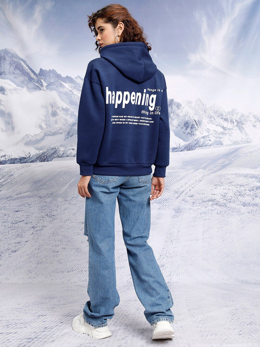 Tokyo Talkies Navy Blue Typography Printed Hooded Oversized Pullover
