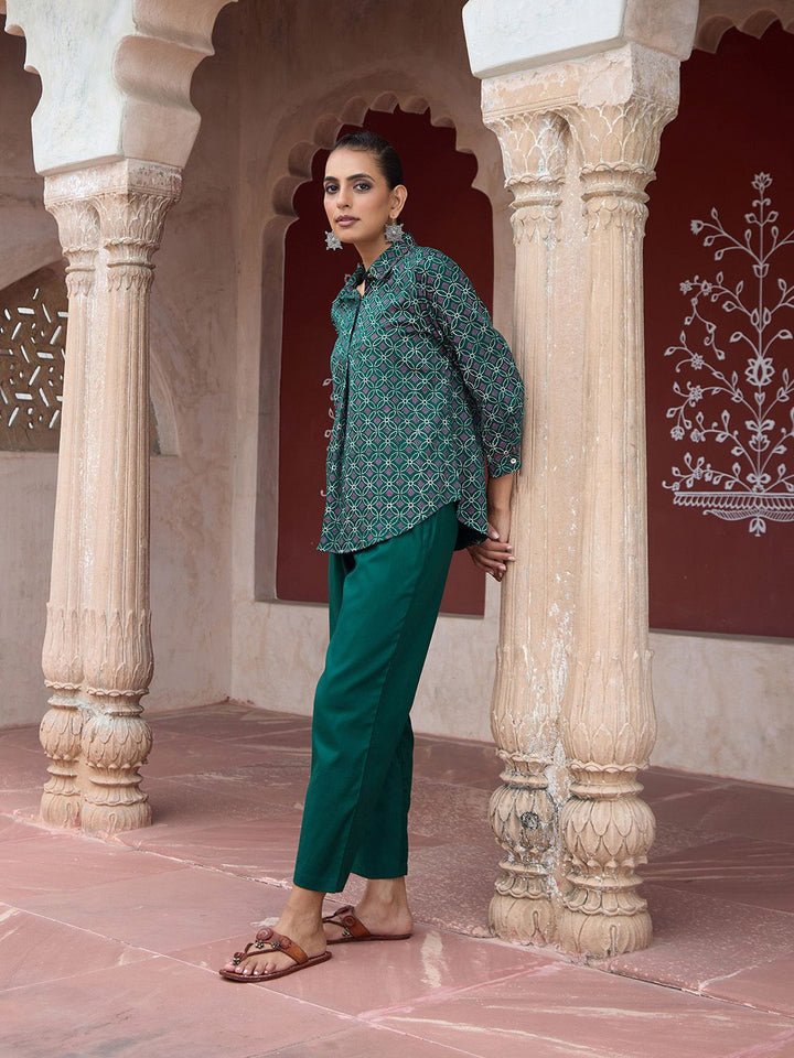 House of Chikankari Women Dark Green Cotton Hand Block Set Co-Ord