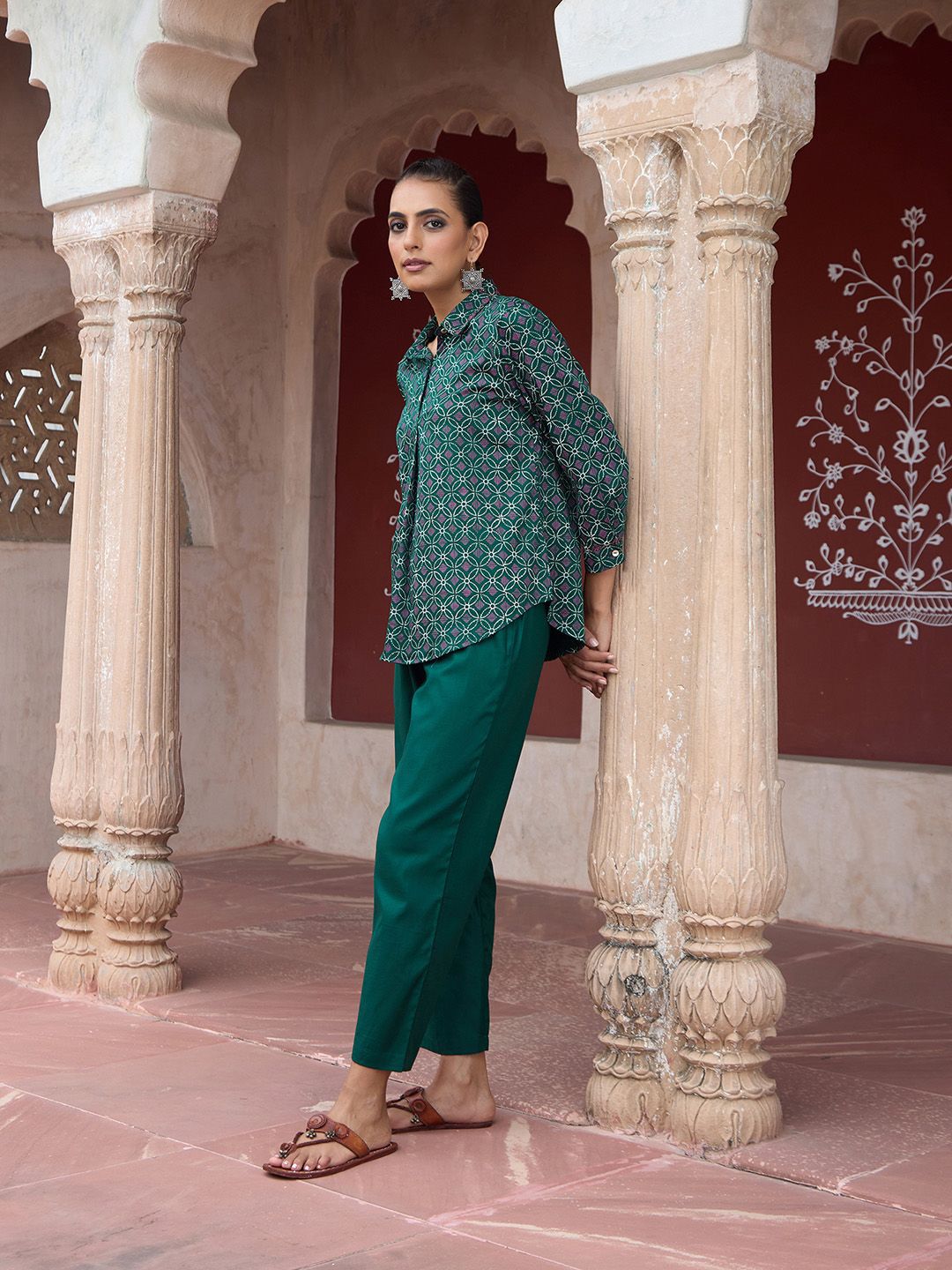 House of Chikankari Women Dark Green Cotton Hand Block Set Co-Ord