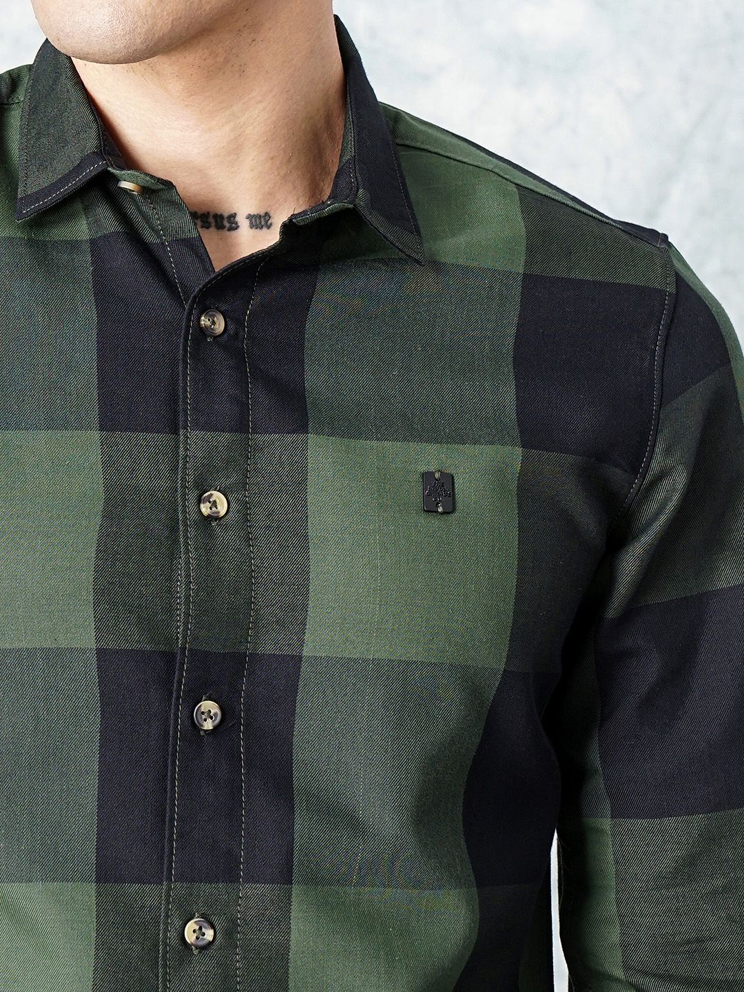 The Indian Garage Co Men Olive Green Grid Tattersall Checked Pure Cotton Casual Shirt