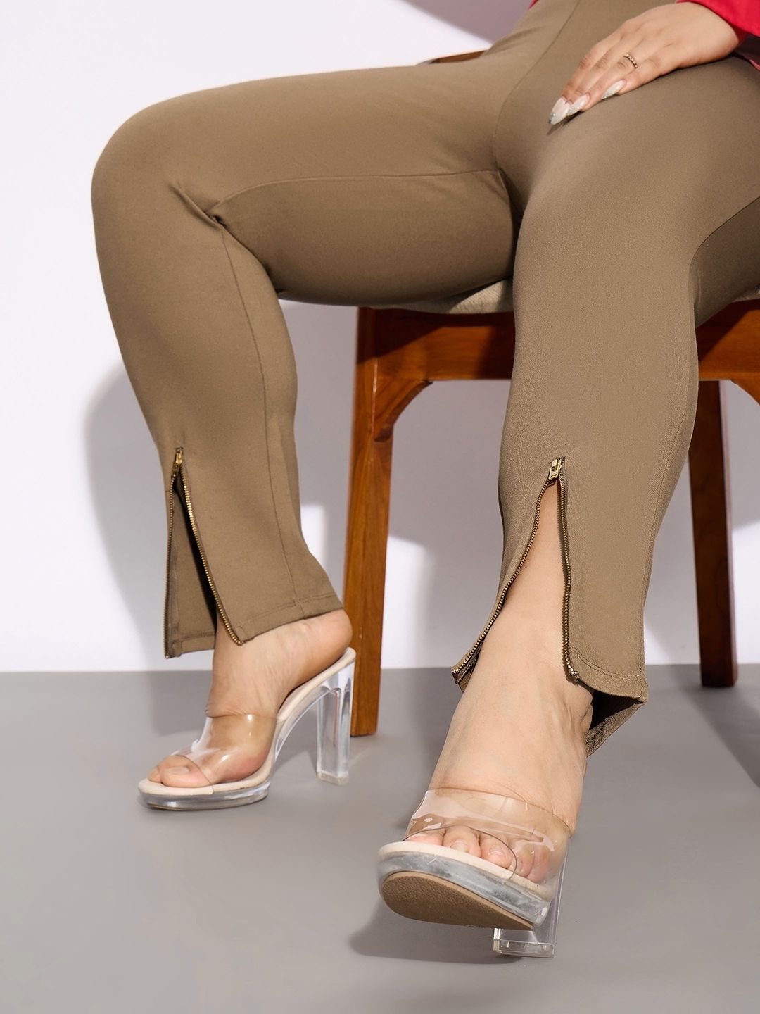 SASSAFRAS Curve Women Plus Size Beige Slim Fit Zip Detail Regular Trousers