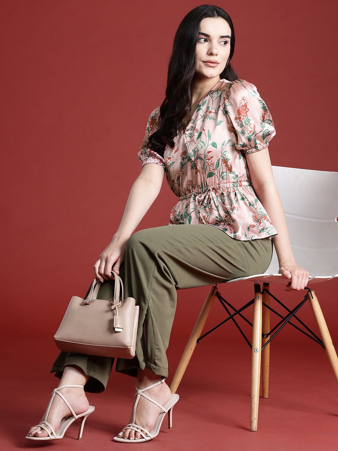all about you Floral Print Cinched Waist Satin Finish Top